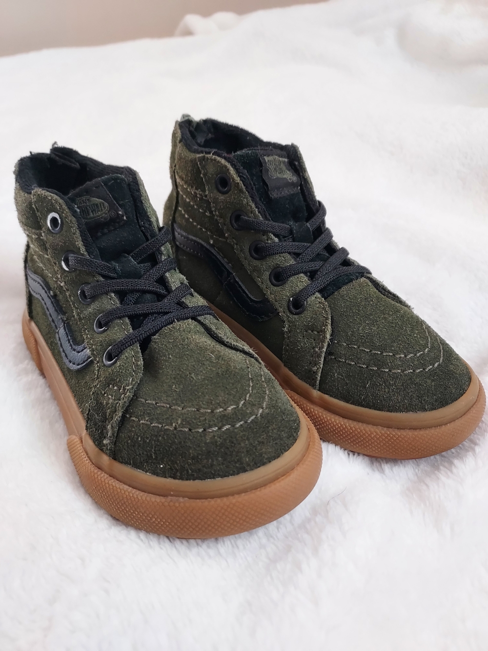 Vans Olive Green Sk8 Hi-zip Gum Sole Suede High-Top Kids Sneakers Insulated